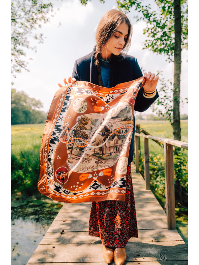 Foulard carré soie ANTAN DUSTY WEST BROWN 70