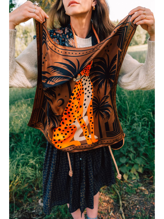 Foulard carré de soie ANTAN CHEETAH & PALMS-BROWN 70