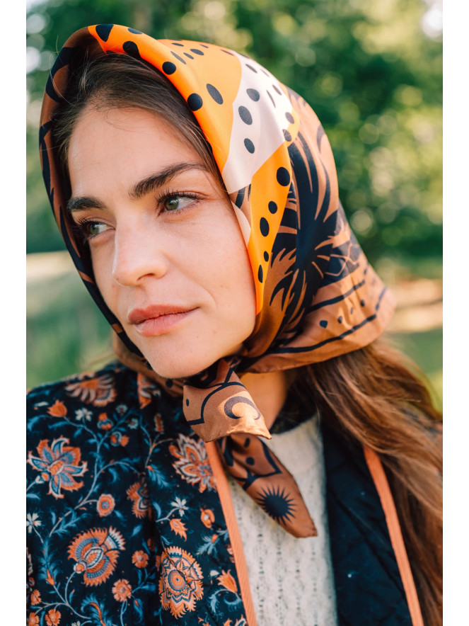 Foulard carré de soie ANTAN CHEETAH & PALMS-BROWN 70