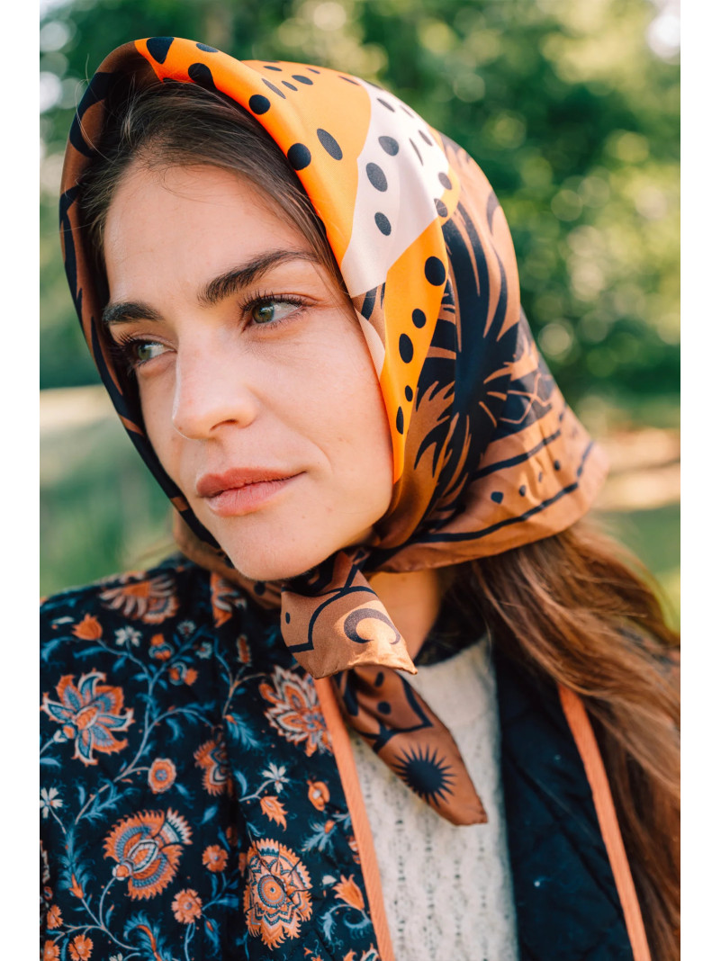 Foulard carré de soie ANTAN CHEETAH & PALMS-BROWN 70
