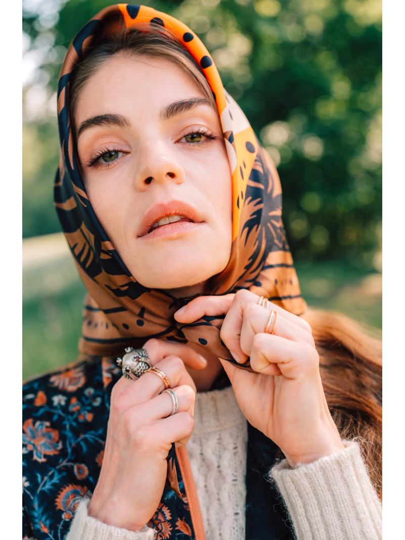 Foulard carré de soie ANTAN CHEETAH & PALMS-BROWN 70