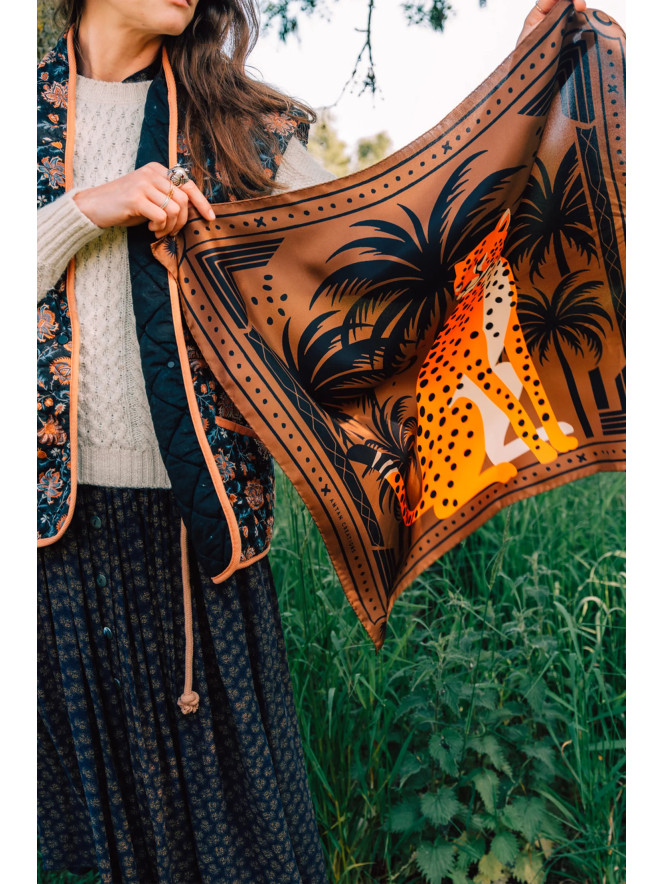 Foulard carré de soie ANTAN CHEETAH & PALMS-BROWN 70