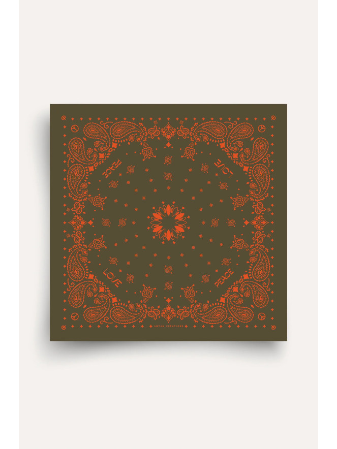 Foulard carré laine ANTAN BANDANA OLIVE-PAPRIKA 100