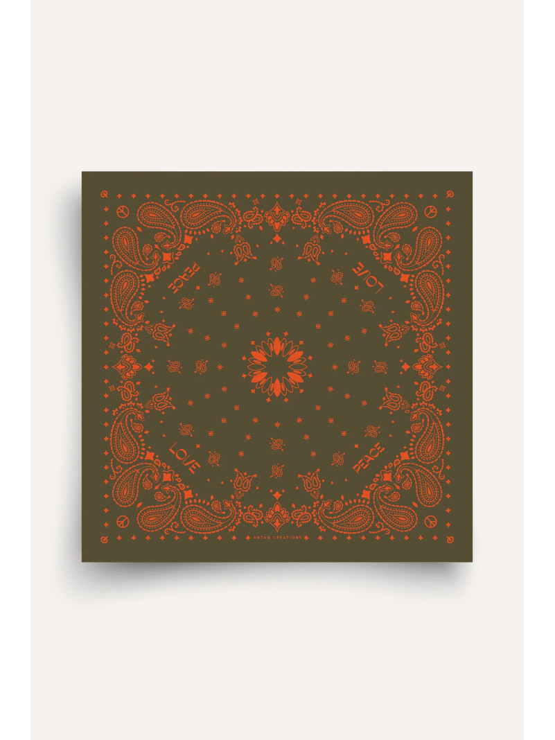 Foulard carré laine ANTAN BANDANA OLIVE-PAPRIKA 100