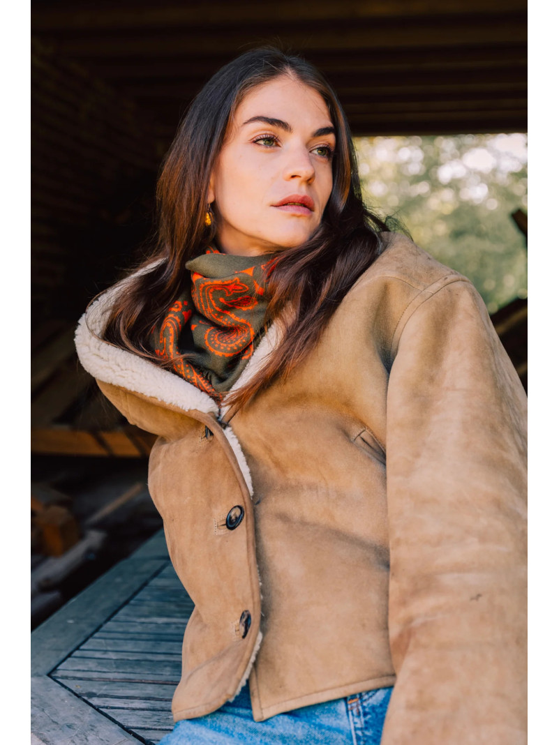 Foulard carré laine ANTAN BANDANA OLIVE-PAPRIKA 100