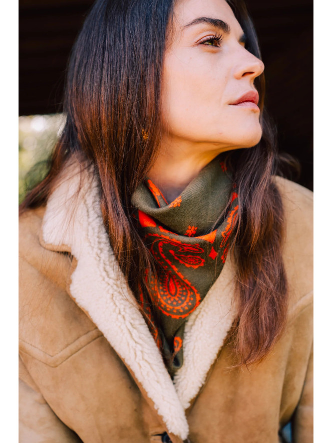 Foulard carré laine ANTAN BANDANA OLIVE-PAPRIKA 100