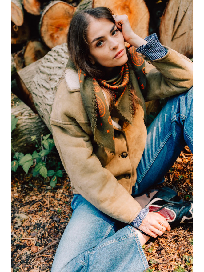 Foulard carré laine ANTAN BANDANA OLIVE-PAPRIKA 100