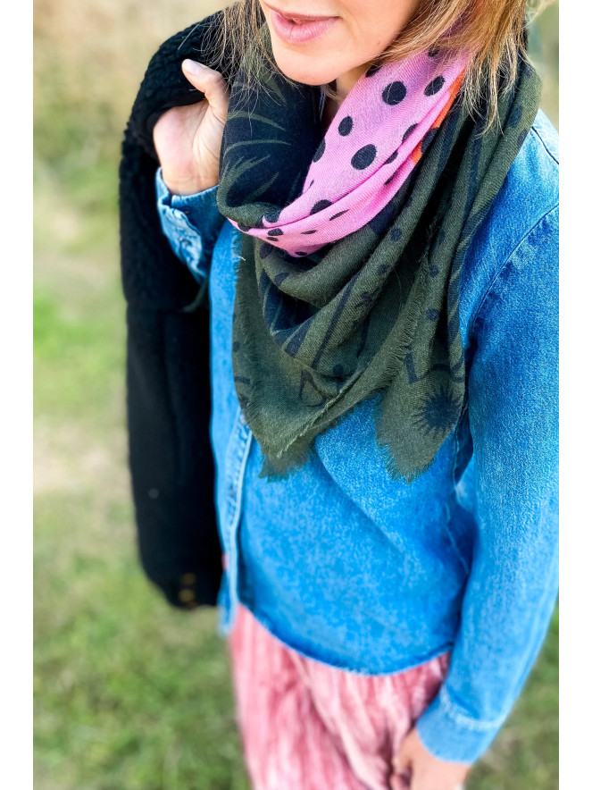 Foulard carré laine ANTAN CHEETAH & PALMS GREEN 100