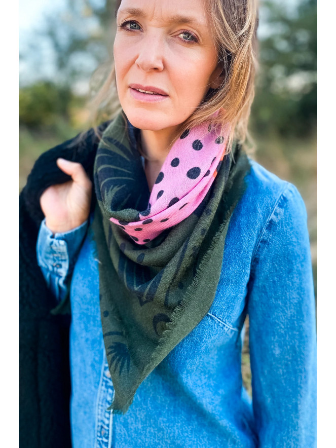 Foulard carré laine ANTAN CHEETAH & PALMS GREEN 100