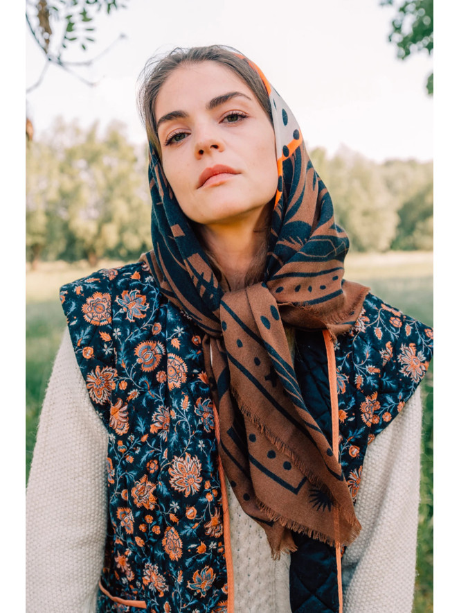 Foulard carré laine ANTAN CHEETAH & PALMS BROWN 100