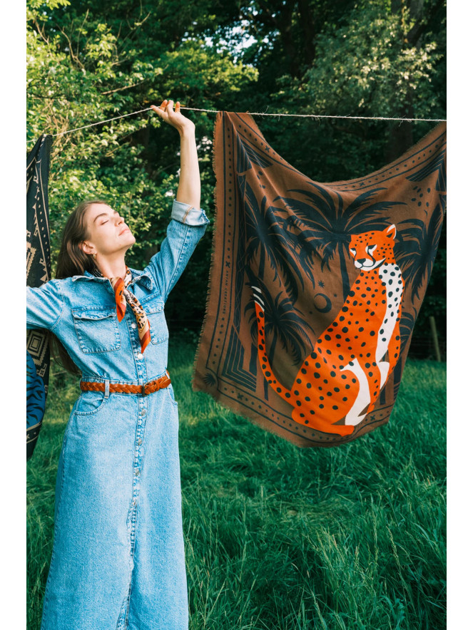 Foulard carré laine ANTAN CHEETAH & PALMS BROWN 100
