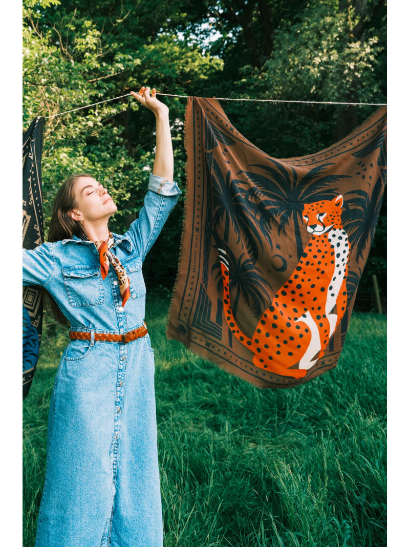 Foulard carré laine ANTAN CHEETAH & PALMS BROWN 100