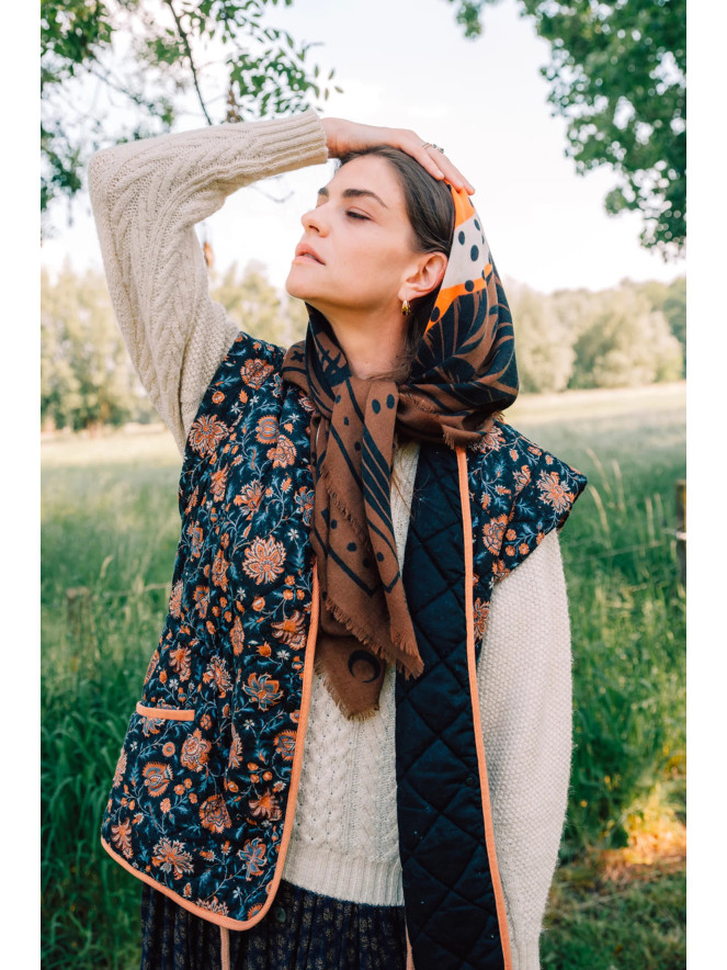 Foulard carré laine ANTAN CHEETAH & PALMS BROWN 100