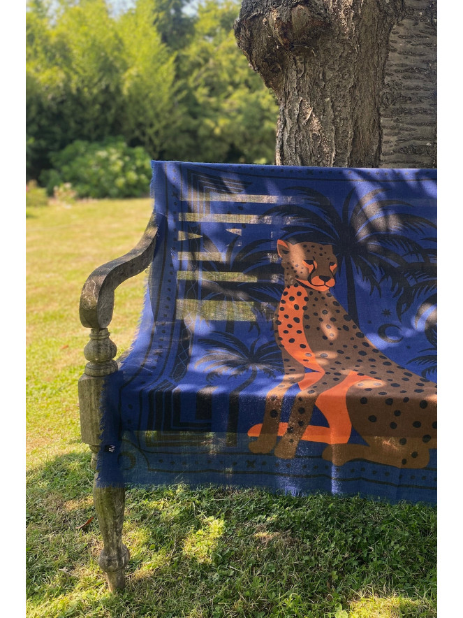 Foulard carré laine ANTAN CHEETAH & PALMS BLUE 100