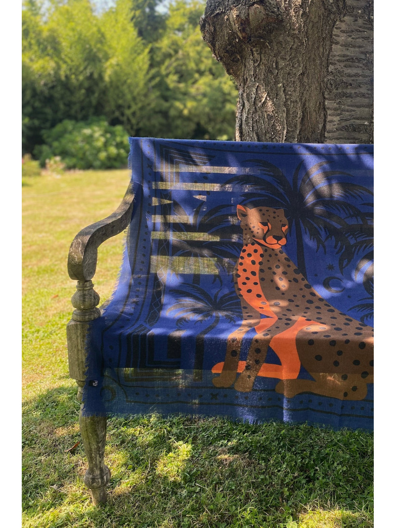 Foulard carré laine ANTAN CHEETAH & PALMS BLUE 100