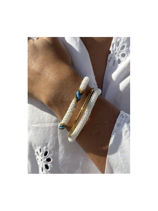 BRACELET NÉPALAIS TURQUOISE BLANC DORÉ E35