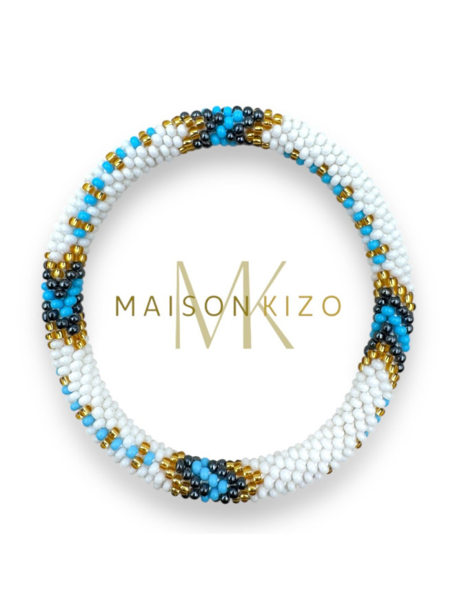 BRACELET NÉPALAIS TURQUOISE BLANC DORÉ E35