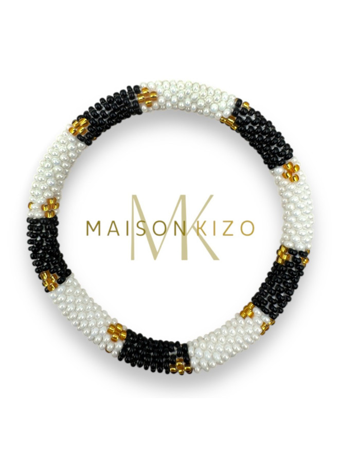 BRACELET NÉPALAIS BLANC NOIR DORÉ N17