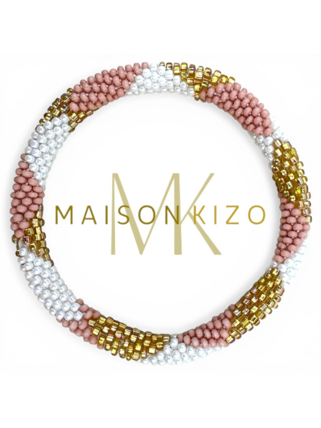 BRACELET NÉPALAIS VIEUX ROSE BLANC DORÉ E60