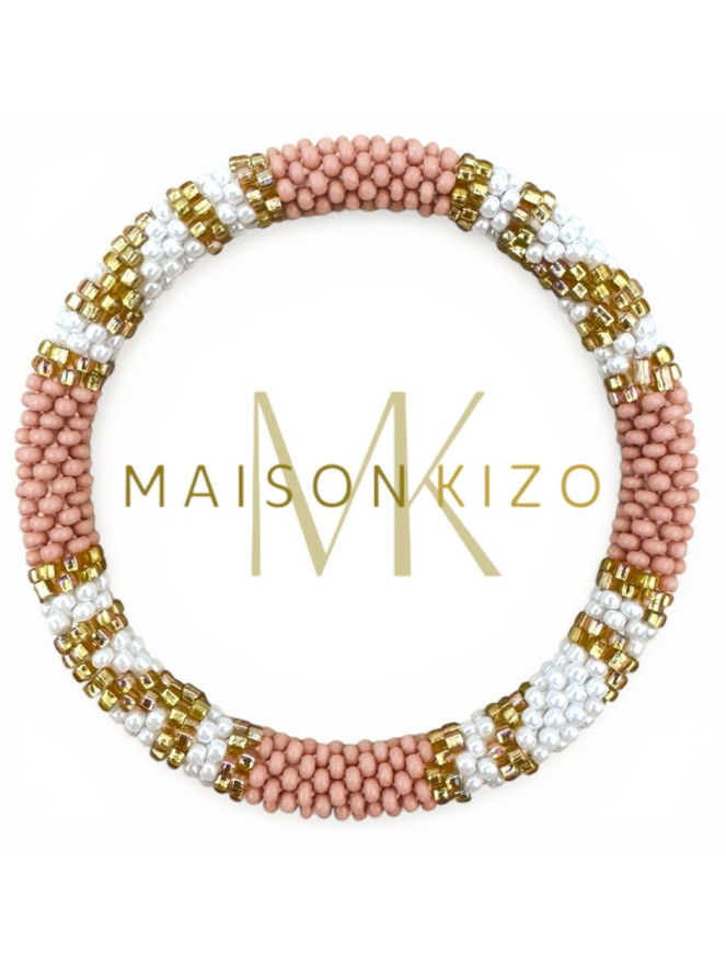 BRACELET NÉPALAIS VIEUX ROSE BLANC DORÉ E58