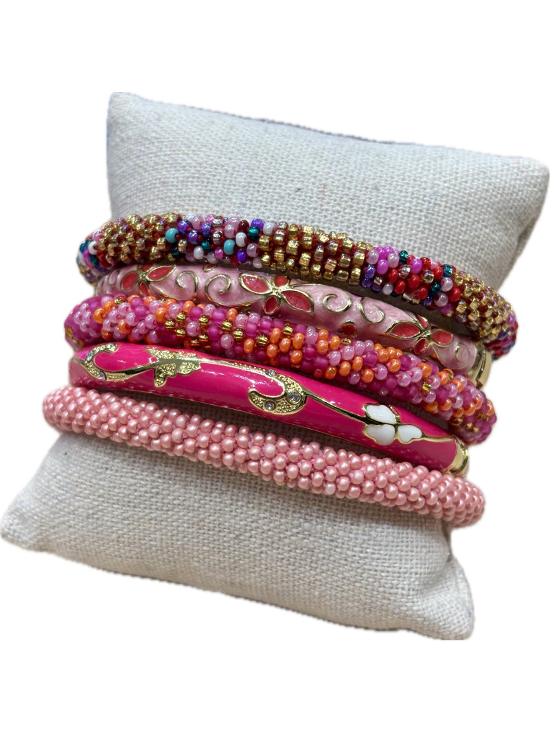 Composition de 5 bracelets Népalais et Thaïlandais ROSE FUSCHIA