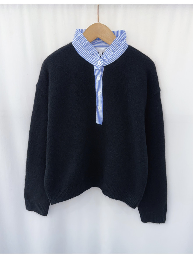 Pull MANUELLA NOIR col bleu rayé