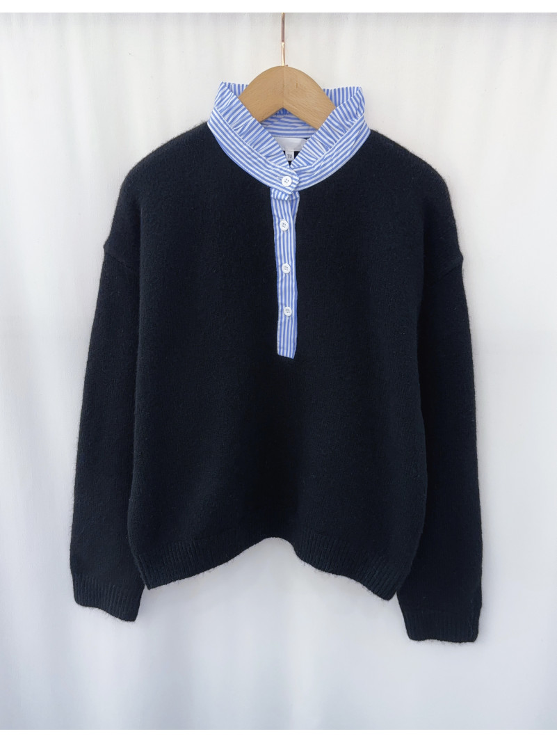 Pull MANUELLA NOIR col bleu rayé