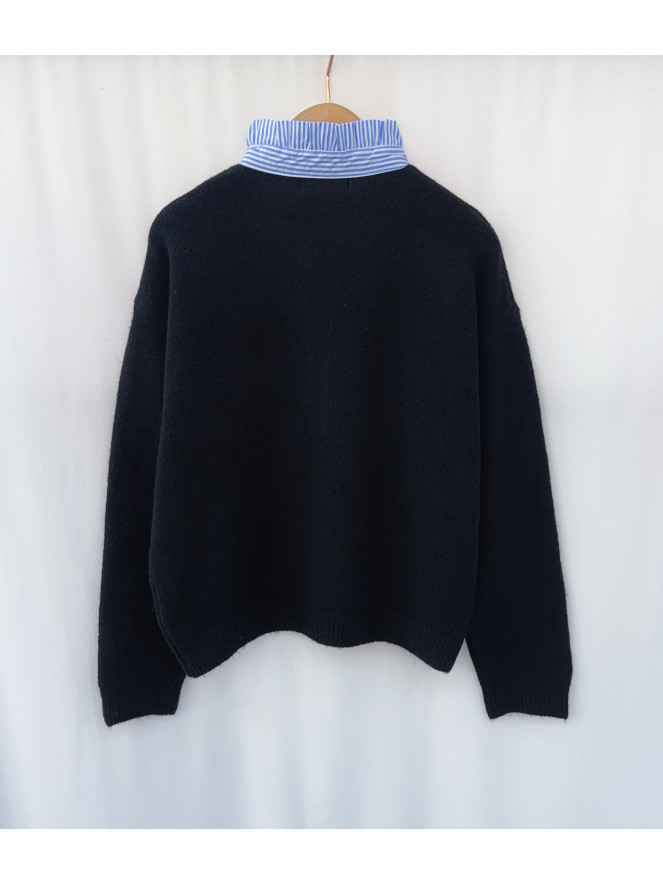 Pull MANUELLA NOIR col bleu rayé