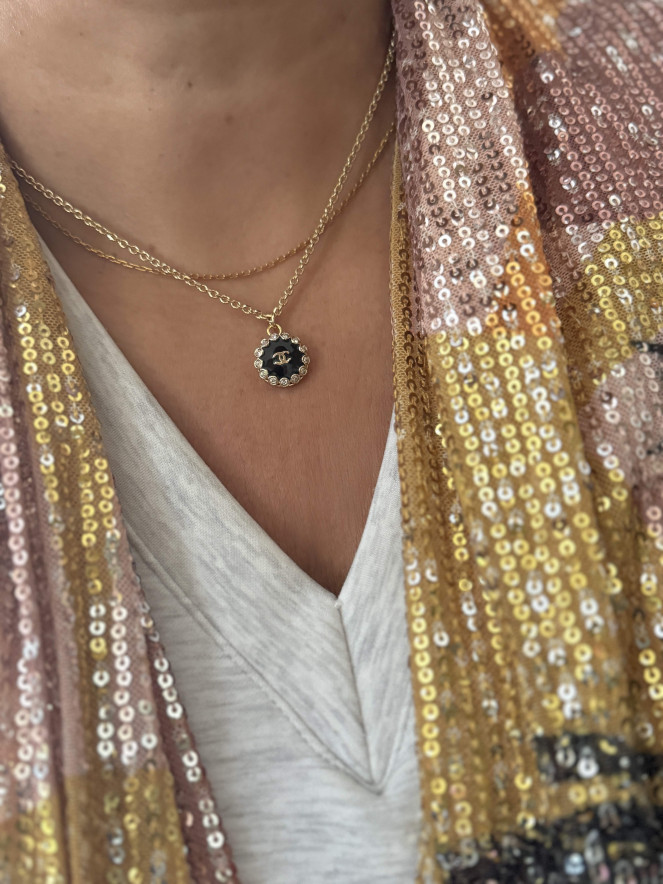 COLLIER TWICE BOUTON NOIR STRASS