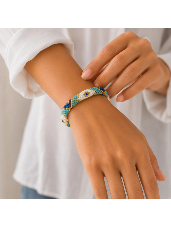 Bracelet NÉPALAIS MARINE TURQUOISE DORÉ BLANC