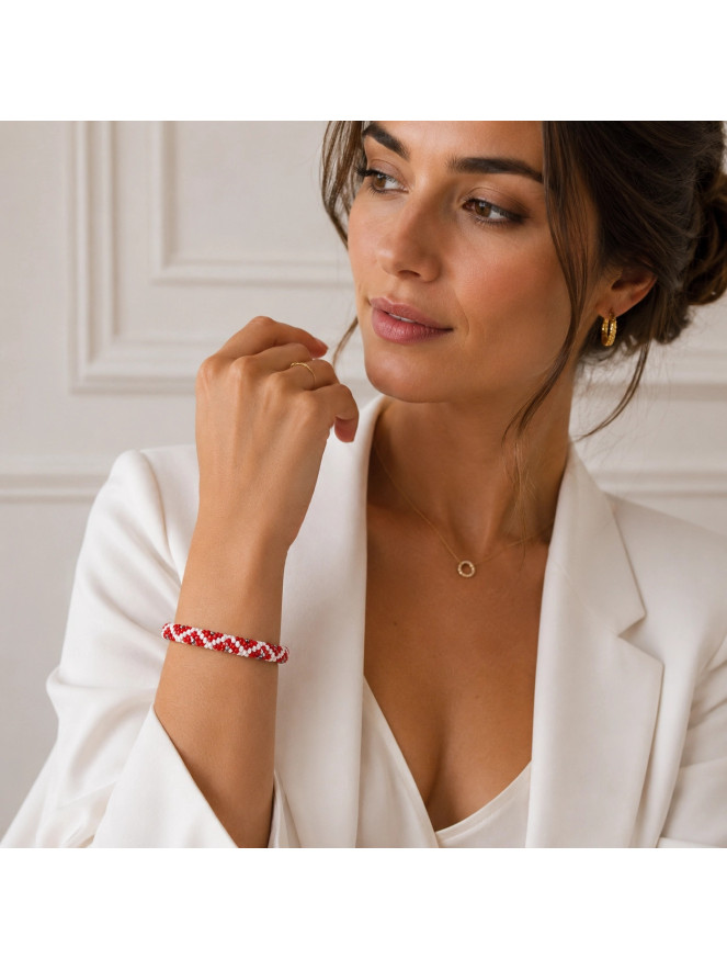 Bracelet NÉPALAIS ROUGE BLANC ARGENT