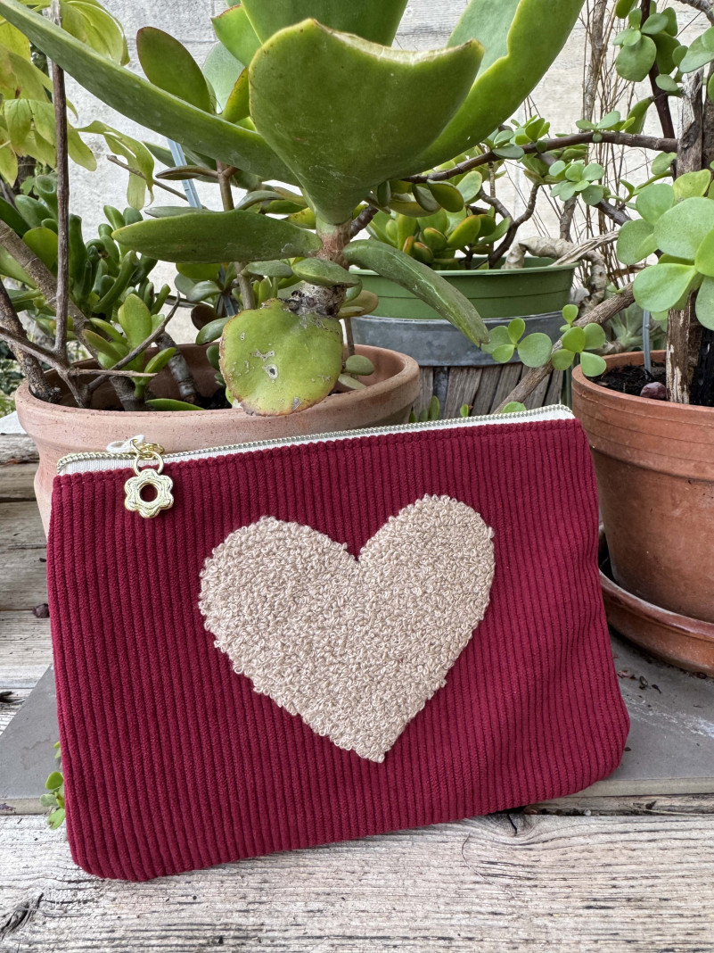 Pochette VELOURS COEUR bordeaux